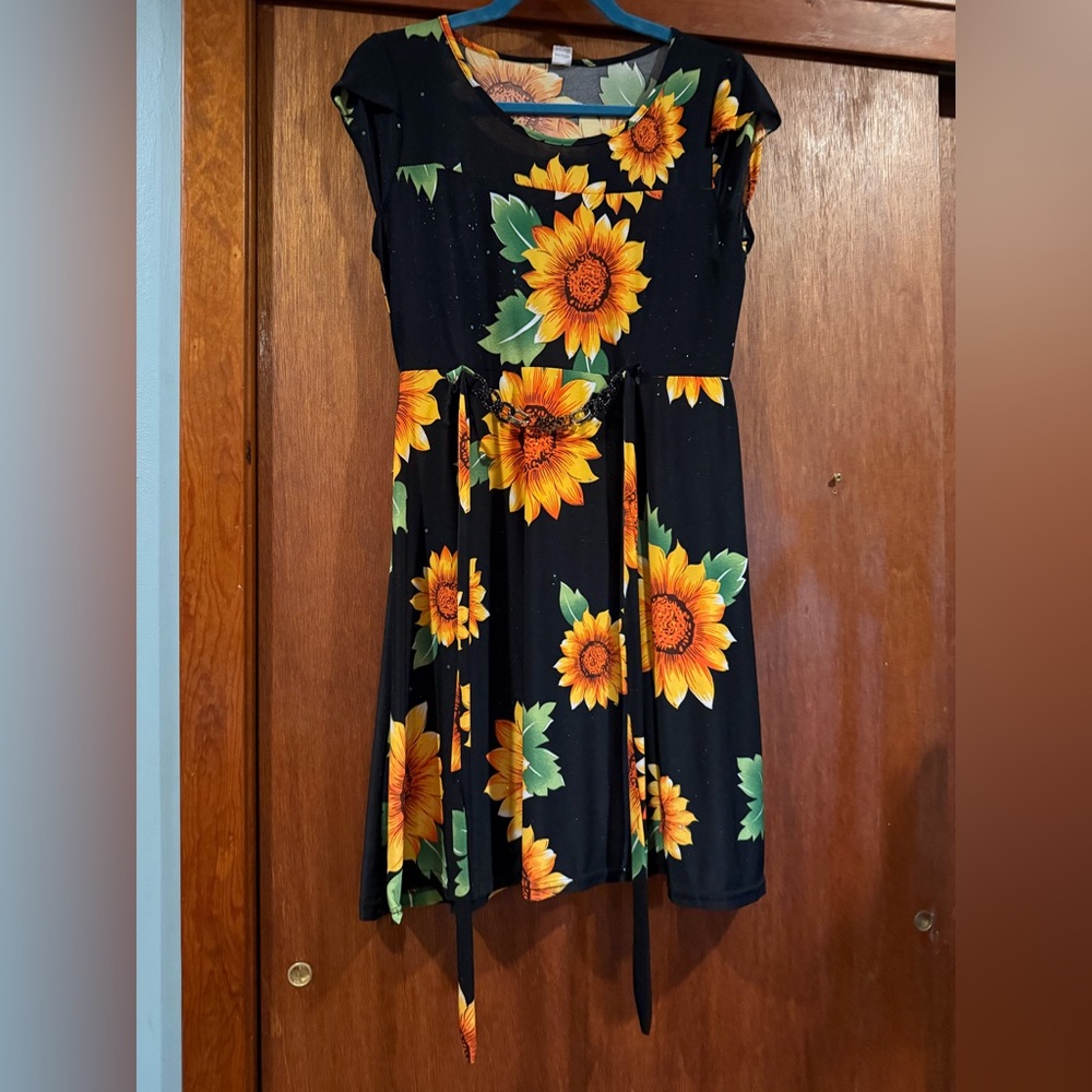 Sunflower Print Black Dress